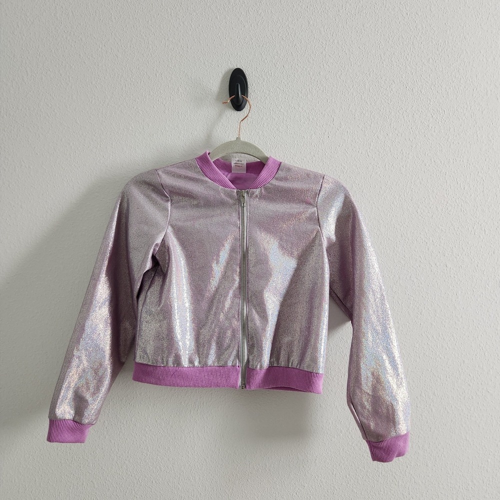 Girls size L 10-12 Metallic Holographic Bomber Jacket Violet Bloom Zip